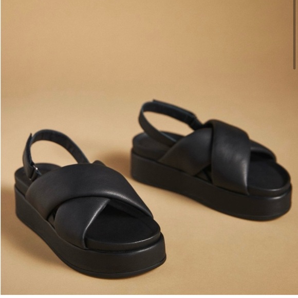 Silent D Pier Black Leather Platform Sandal Size 7 - Picture 2 of 9